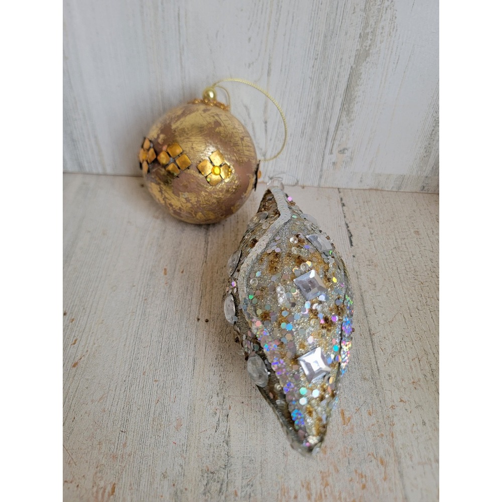 Vintage golden silver glitter beaded abstract ball ornament Xmas set unique